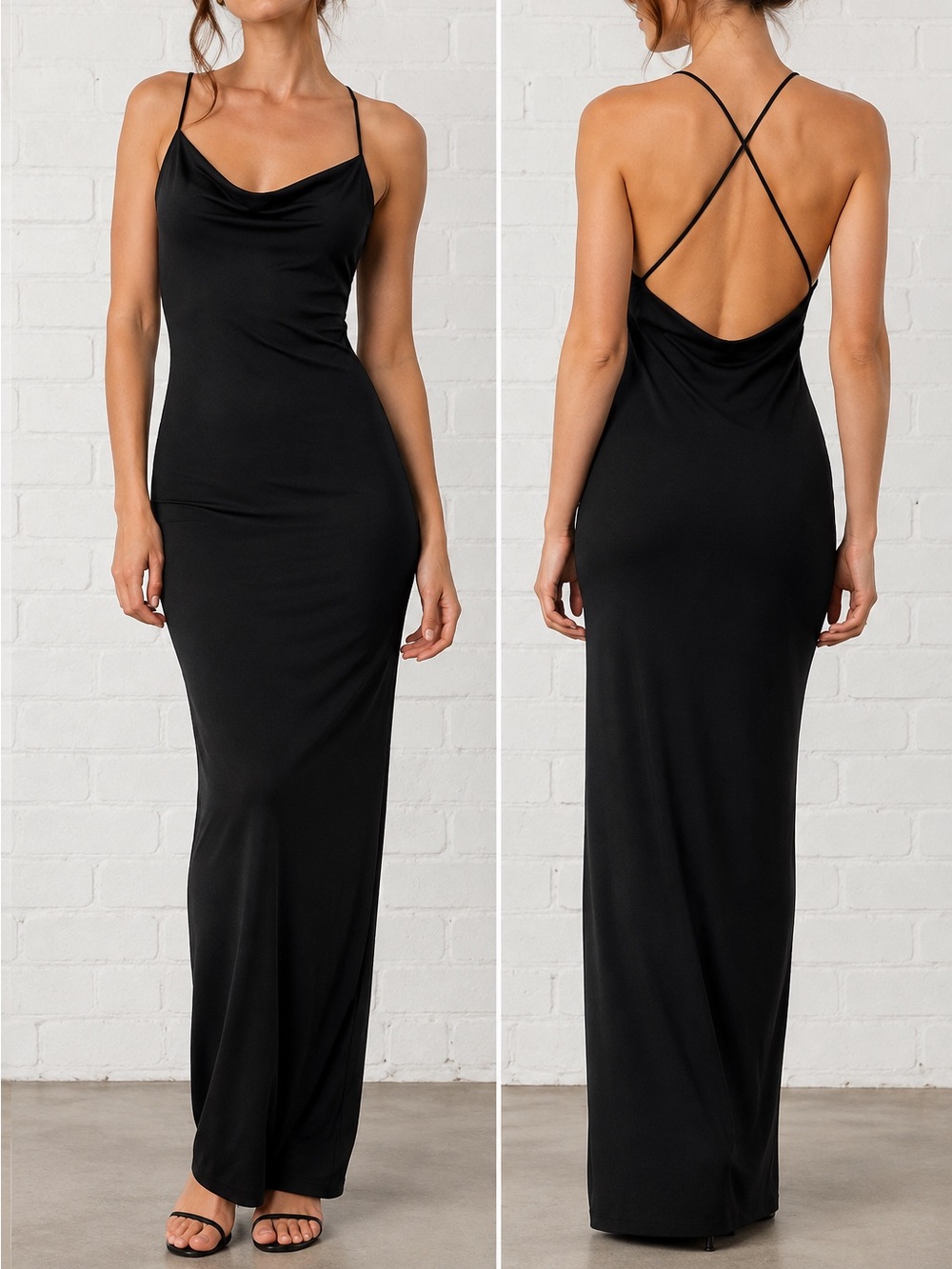 Vintage Y2K ELH Studio Black Slinky Maxi Dress Medium Open Cross Back